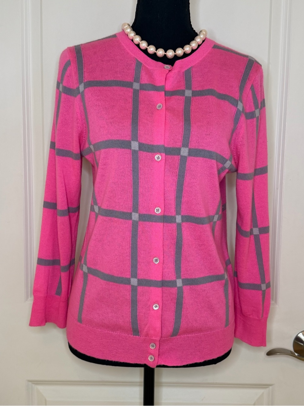 Vintage J Crew Pink Plaid Button-Front Women's Cashmere Sweater Cardigan, size M